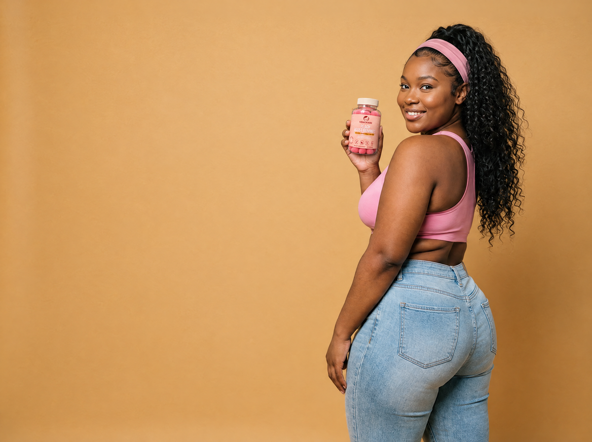 Curvy woman holding Peach Boost Gummies