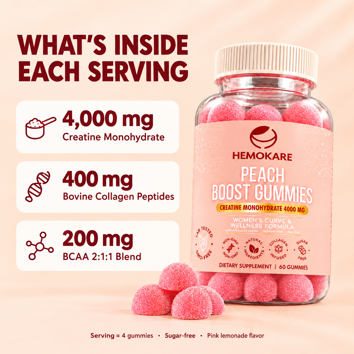 What's inside each serving: 4,000 mg creatine monohydrate, 400 mg bovine collagen peptides, 200 mg BCAA 2:1:1 blend