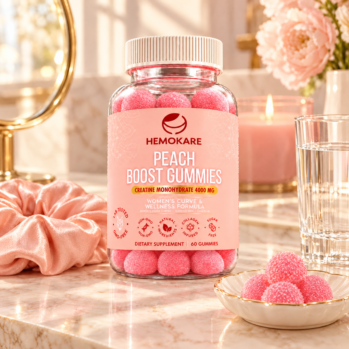 Peach Boost Gummies on a marble vanity with peonies and a candle