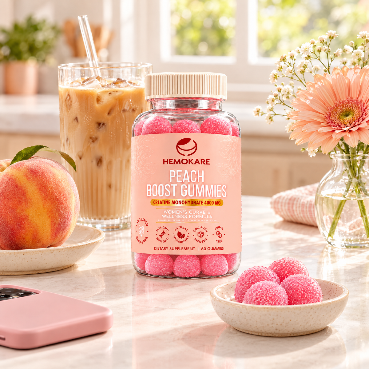 Peach Boost Gummies on a kitchen counter with iced coffee and a peach