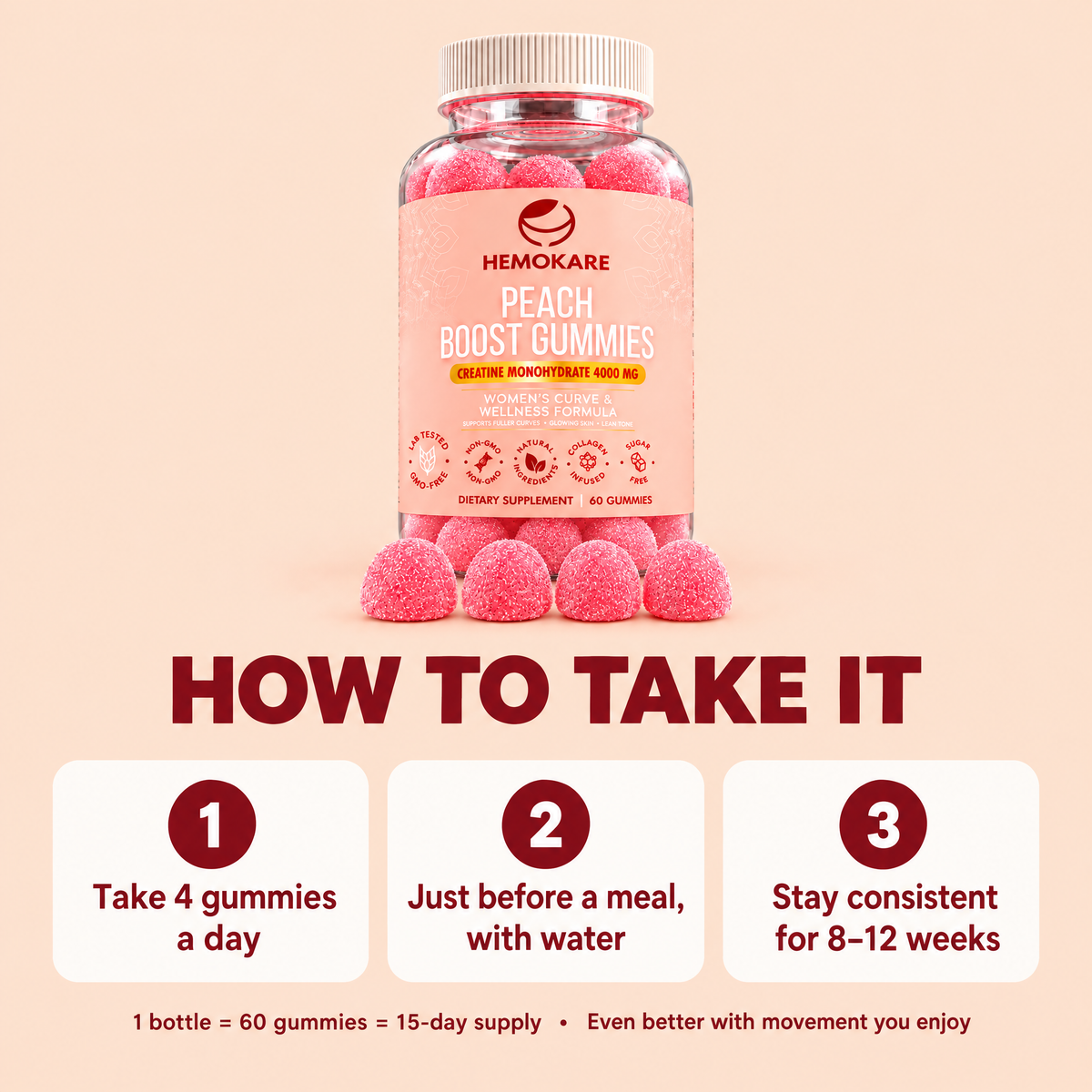 How to take Peach Boost: 4 gummies a day, just before a meal, for 8 to 12 weeks