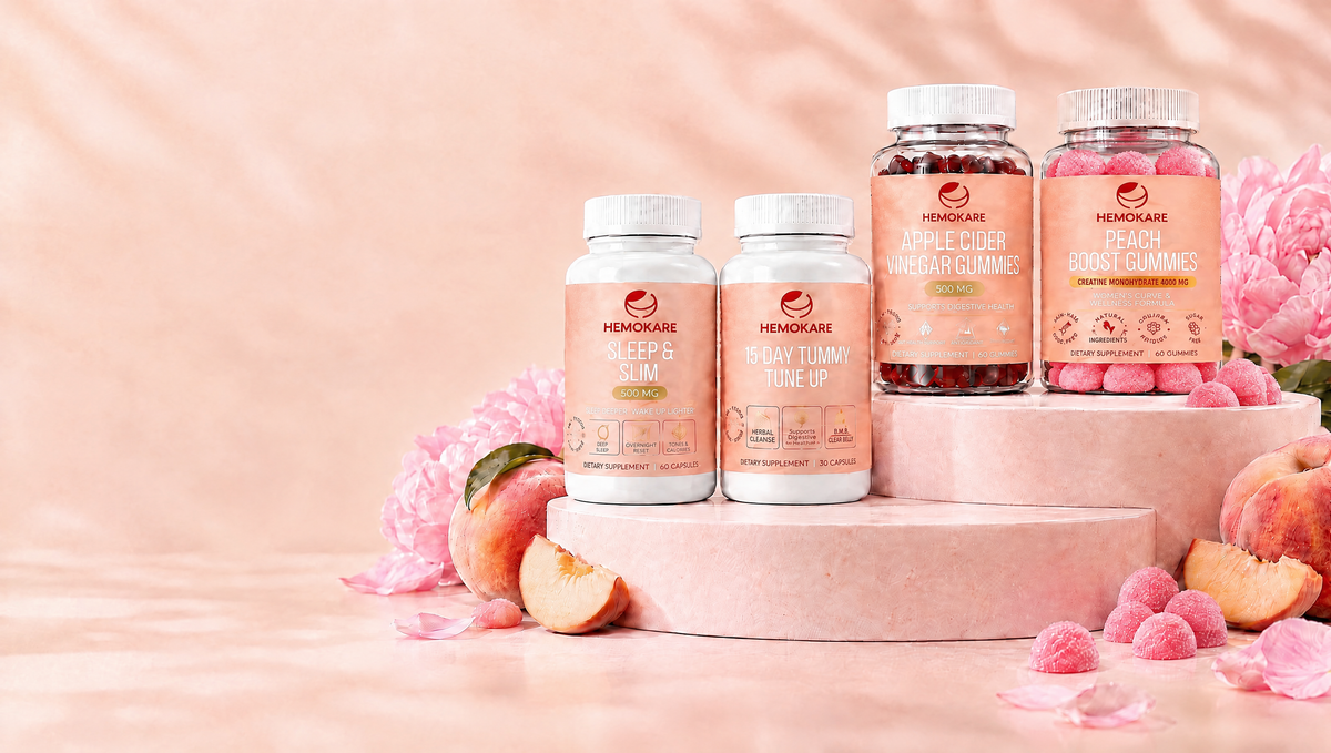 Hemokare Sleep & Slim, 15 Day Tummy Tune Up, Apple Cider Vinegar and Peach Boost bottles