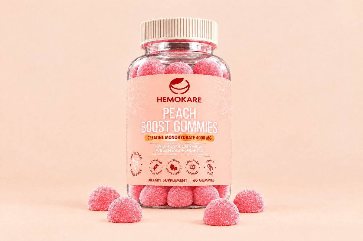Hemokare Peach Boost Gummies jar with pink sugar-coated gummies