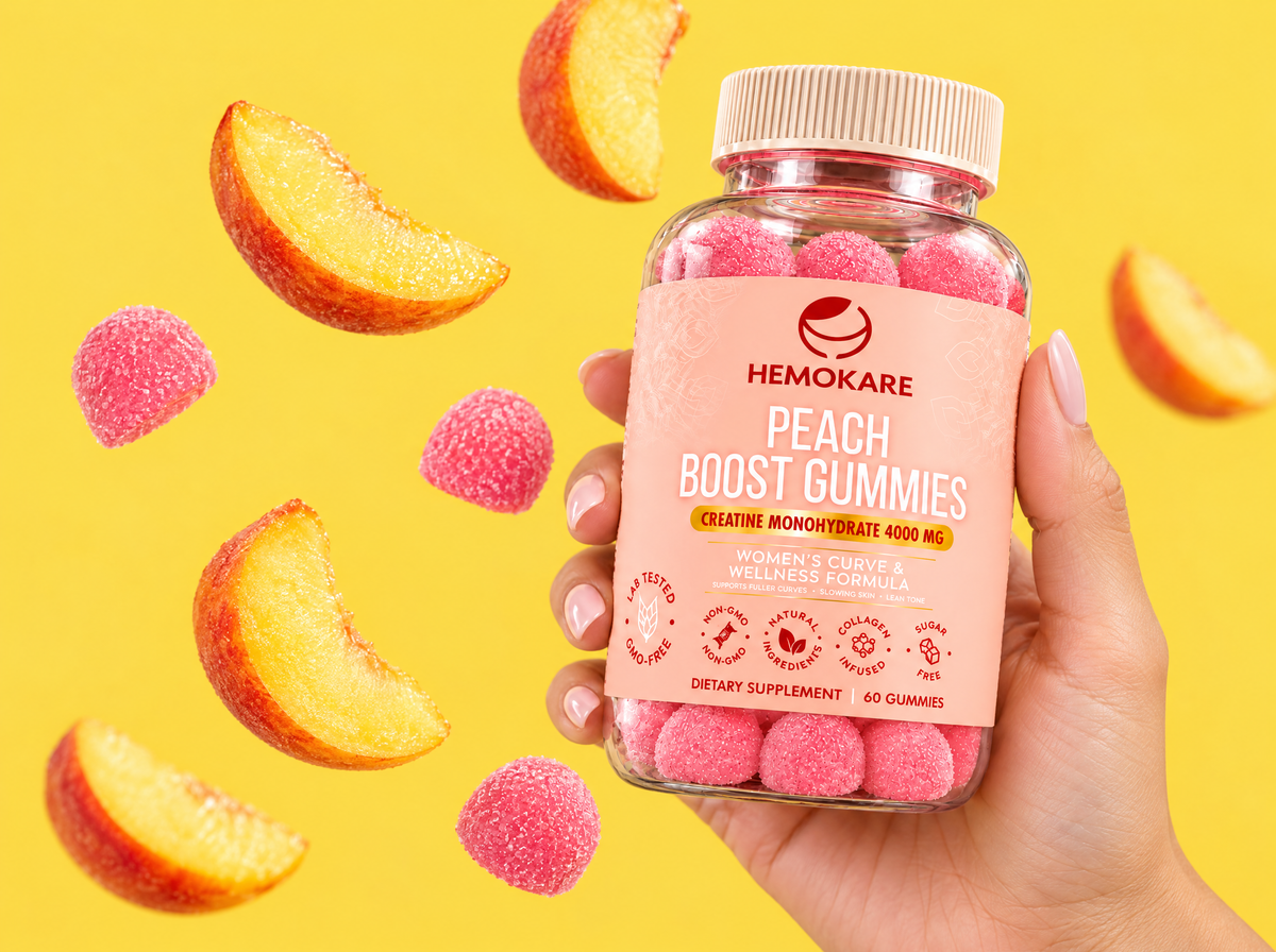 Hand holding Hemokare Peach Boost Gummies