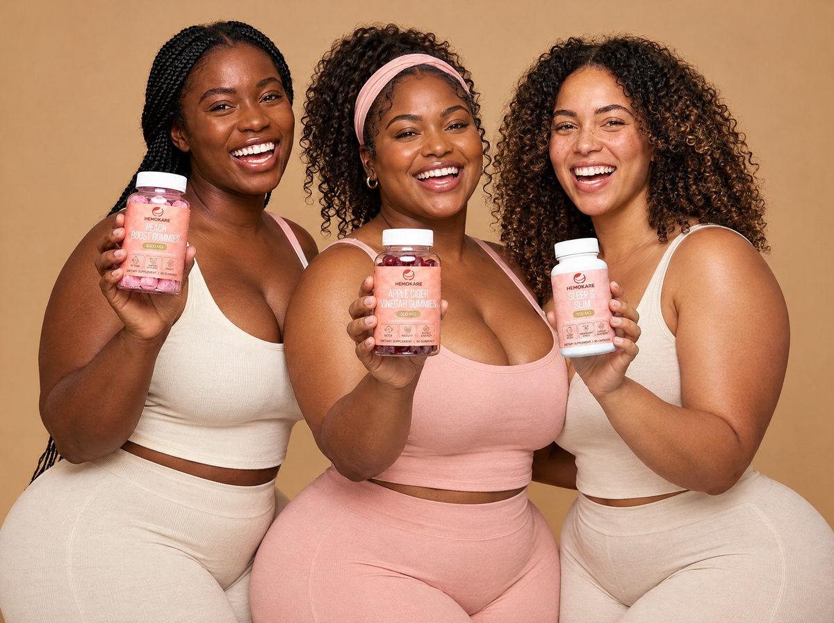 Three curvy women holding Hemokare Peach Boost, Apple Cider Vinegar and Sleep & Slim