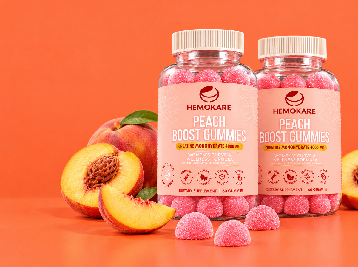 Two jars of Hemokare Peach Boost Gummies with fresh peaches