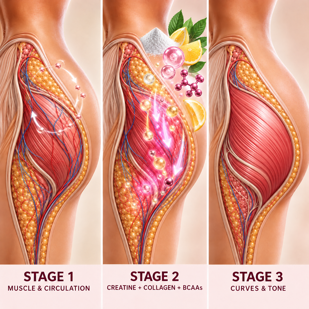 How Peach Boost works: muscle, then creatine, collagen and BCAAs, then curves and tone